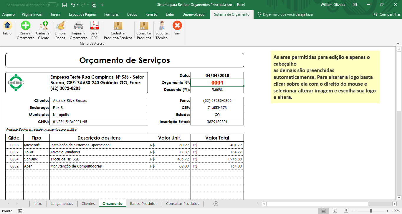 Planilha Excel Para Gerar Orçamentos E Relatórios Loja Planilhas Vba 2844